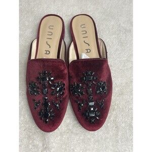 UNISA WOMENS LEONE WINE VELVET JEWEL EMBELLISHED SLIP ON MULES 7.5 Only Tried On